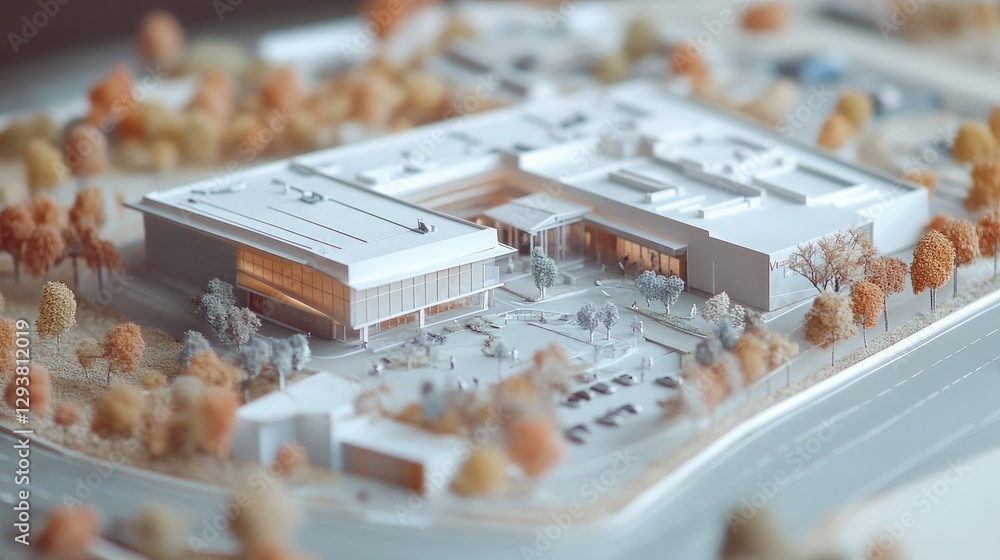 Poster high-resolution image of a detailed maquette showing the expansion of a shopping mall with new store