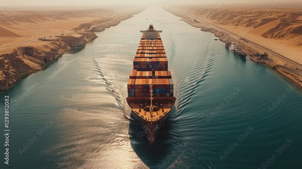 Poster a large cargo ship sails through the suez canal, transporting containers while flanked by vast deser