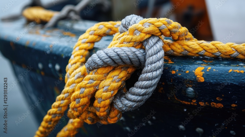 Poster high-resolution image of a yellow and gray rope tied to a boat, showcasing the tight knot and its us