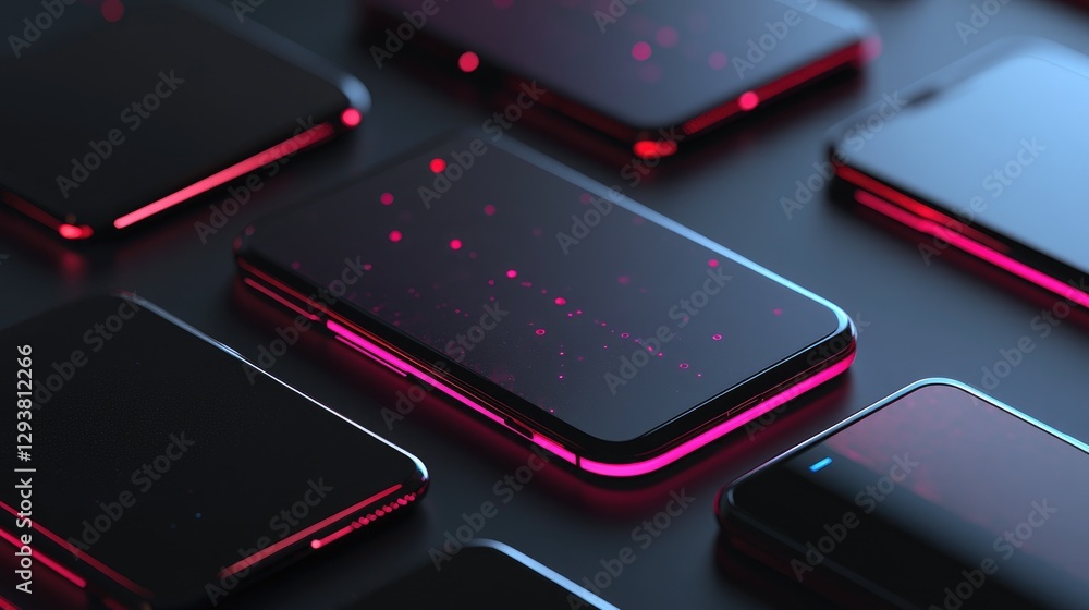 Poster High-tech display of black smartphones featuring neon light effects on a dark backdrop, emphasizing modern design elements