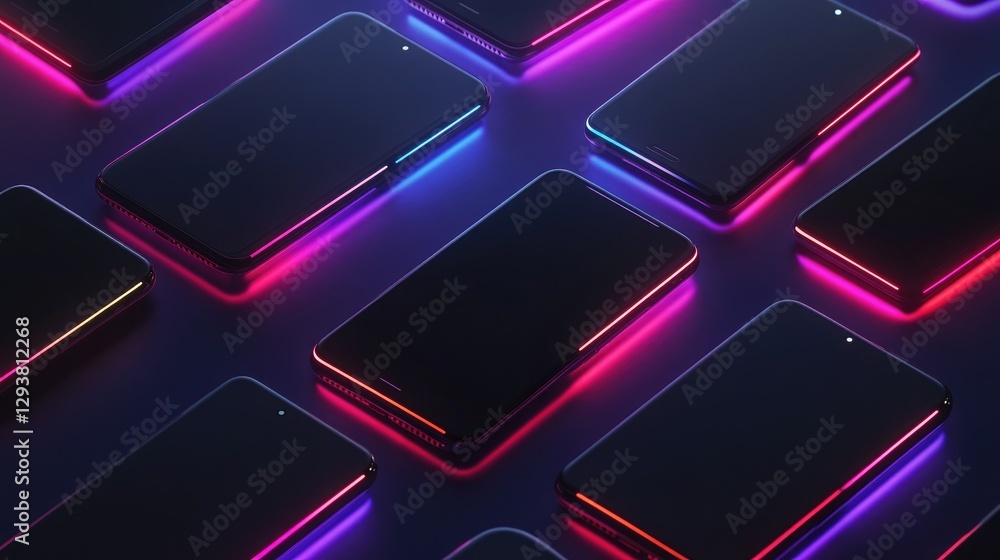 Poster high-tech display of black smartphones featuring neon light effects on a dark backdrop, emphasizing 