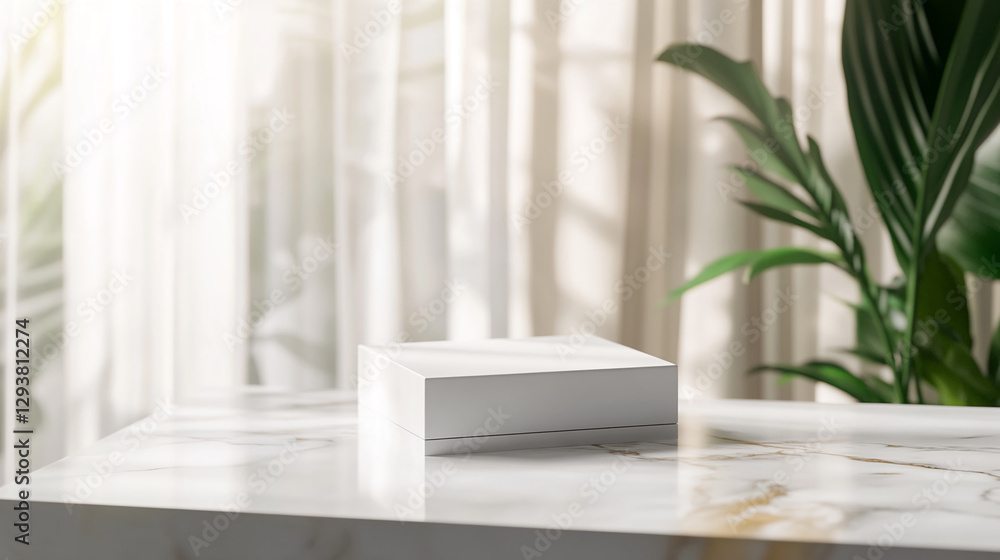 Poster A minimalistic white box placed on a marble table, with soft sunlight filtering through curtains and a plant in the background, creating a peaceful and elegant atmosphere.