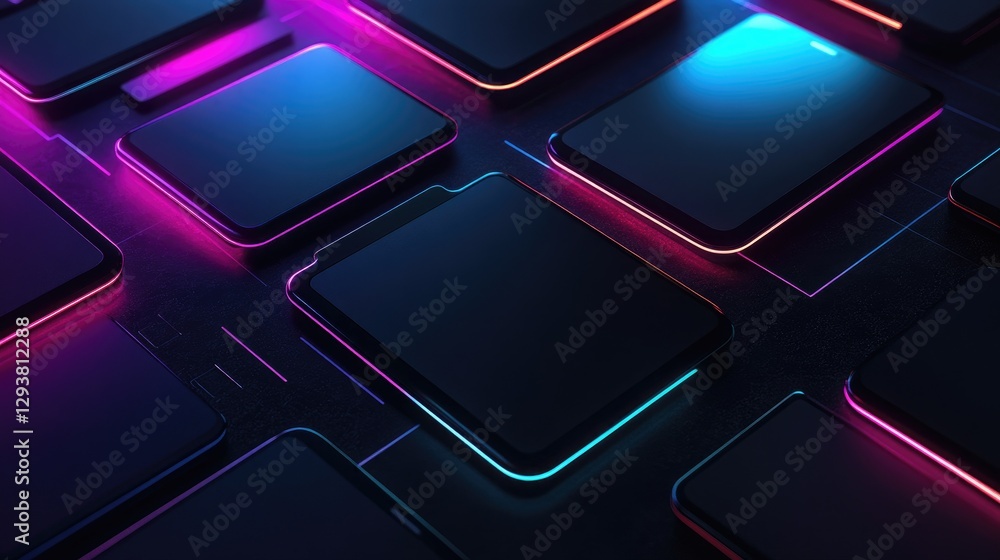 Poster high-tech display of black smartphones featuring neon light effects on a dark backdrop, emphasizing 
