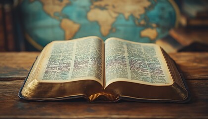 Obraz premium Open book with Bible pages on a wooden table, world map behind it, spiritual and historical concept, travel and wisdom, vintage ambiance