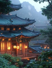 Obraz premium Traditional korean temple buildings are beautiful in a rainy setting