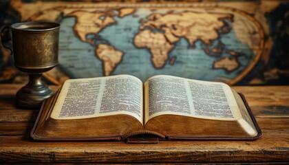 Obraz premium Open book with Bible pages on a wooden table, world map behind it, spiritual and historical concept, travel and wisdom, vintage ambiance