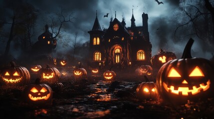 Halloween 3D background Concept: evil pumpkins and haunted house. Spooky scary Dark Night forest. Perfect for October holiday event, festive banner, computer desktop, marketing advertising. copy space