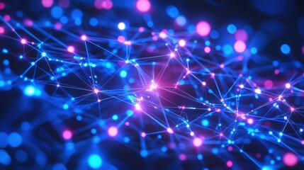 Fototapeta premium Abstract Network Connection Digital Data Flow Blue Pink Glowing Lines Points