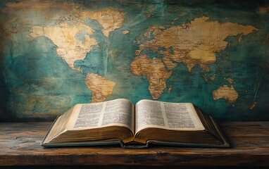 Bible open on a wooden table, world map background, pages turned to reveal scriptures, global connection, faith and exploration, vintage style design