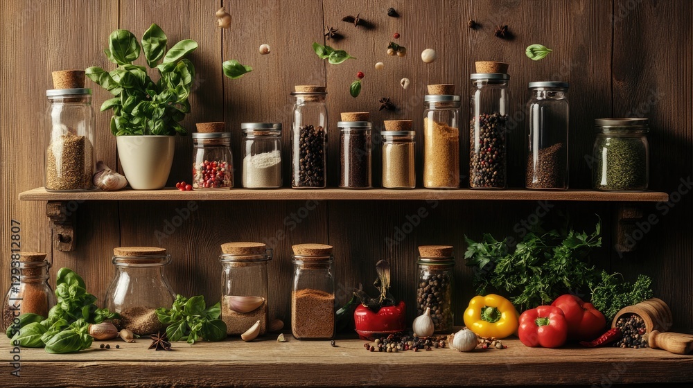 Poster innovative cookbook display with various spices and cooking ingredients floating above, suspended mi