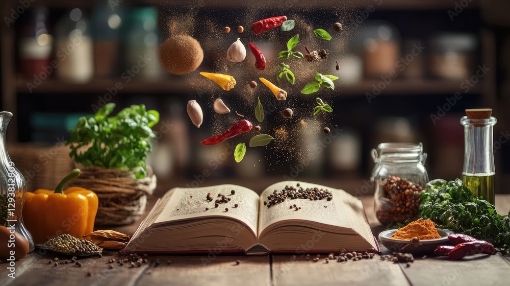 Poster innovative cookbook display with various spices and cooking ingredients floating above, suspended mi