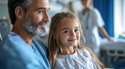 In a bright hospital room, a male therapist sits beside a young girl, offering gentle support as she smiles, creating a warm atmosphere of encouragement and trust