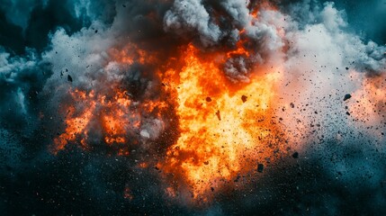 Dramatic Explosion with Fiery Flames and Dark Smoke Clouds