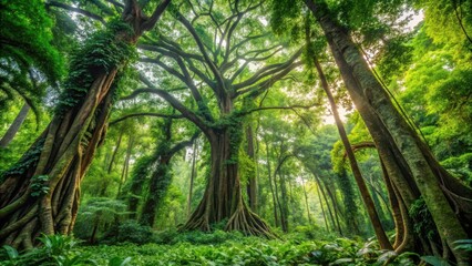 Dense foliage covering towering trunks and canopies amidst leafy branches