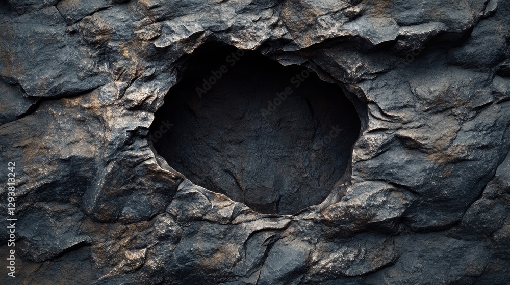 Poster intricate dark stone texture with a hollow or cave-like hole, emphasizing the earthy and natural app