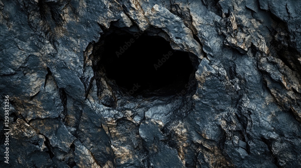 Poster intricate dark stone texture with a hollow or cave-like hole, emphasizing the earthy and natural app