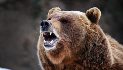 Fototapeta premium Closeup of a Snarling Brown Bear in Forest under Golden Autumn Leaves, Capturing Intense Emotion and Majesty with Sharp Focus and Vibrant Fall Colors