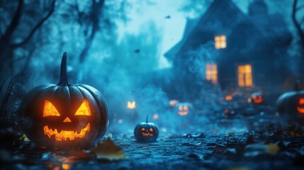 Halloween 3D background Concept: evil pumpkins and haunted house. Spooky scary Dark Night forest. Perfect for October holiday event, festive banner, computer desktop, marketing advertising. copy space
