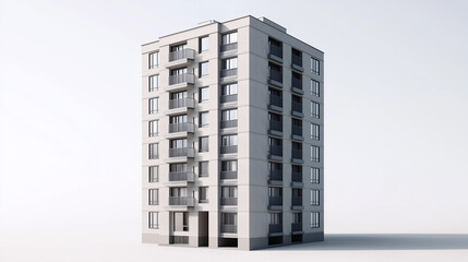 A high-resolution, photorealistic 3D render of a modern apartment building in a light gray color scheme
