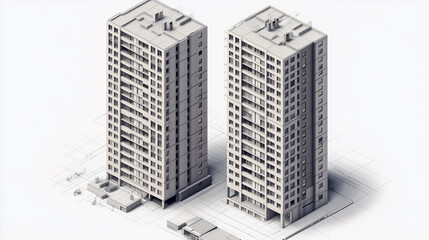 A high-resolution isometric rendering of two urban high-rises, carefully structured with linear design principles and a detailed facade