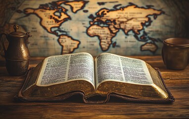 Obraz premium Open Bible lying on a wooden table, world map backdrop, religious wisdom, global journey theme, antique decor, knowledge and spirituality symbolism