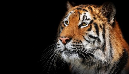 Powerful Portrait of a Tiger with Intense Gaze against a Majestic Black Backdrop, Evoking Strength and Mystique in a Striking Contrast.