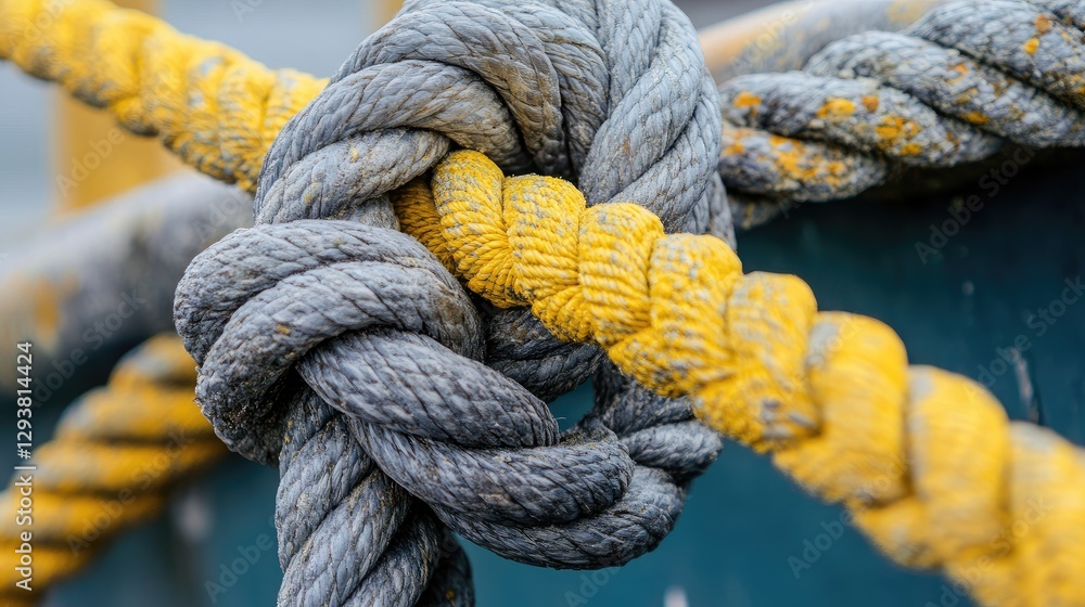 Poster Macro shot of a yellow and gray rope tied to a boat, with the knot and textures visible in high resolution