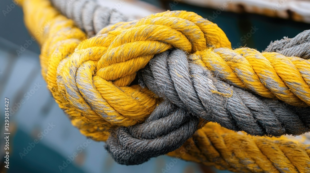 Poster Macro shot of a yellow and gray rope tied to a boat, with the knot and textures visible in high resolution