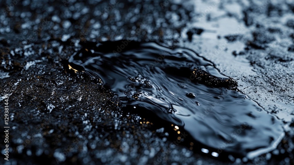Poster Macro shot of black liquid spilling and flowing across a dark surface, creating a contrast of smooth and fluid shapes