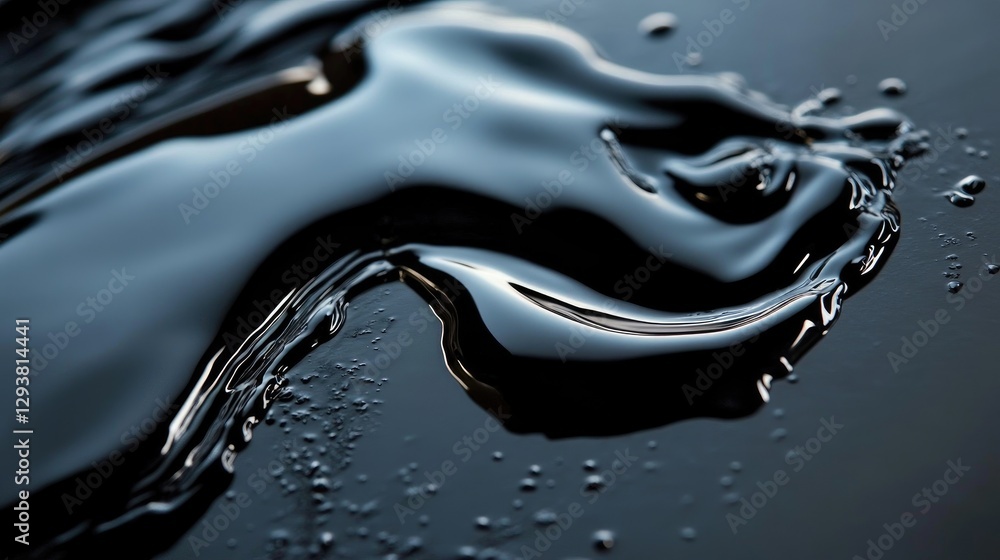 Poster Macro shot of black liquid spilling and flowing across a dark surface, creating a contrast of smooth and fluid shapes