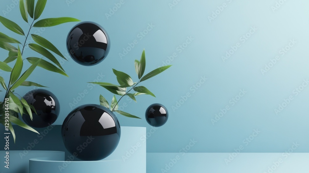 Aufkleber Modern abstract design featuring floating black spheres in a calming blue environment, ideal for creative and professional design projects