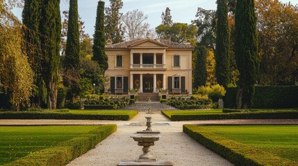 Elegant Villa Surrounded by Lush Green Landscape and Fountains