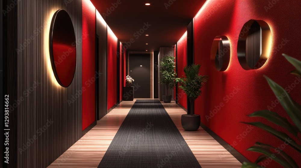 Poster modern red corridor with clean lines and dramatic lighting, creating a bold and sophisticated atmosp