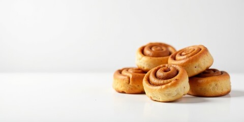 A delightful closeup of several golden-brown cinnamon rolls, showcasing their sweet, spiral-shaped interiors, arranged on a pristine white surface.