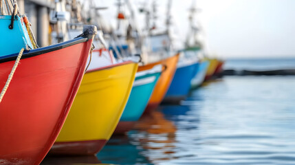 Obraz premium A row of colorful fishing boats docked at the harbor reflects on the calm water. This vibrant maritime scene is perfect for travel, coastal life, and nautical themes. Selective focus
