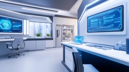 Modern futuristic office interior showcasing advanced technology and urban skyline views