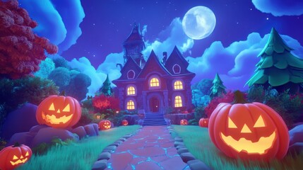 Fototapeta premium Halloween 3D background Concept: evil pumpkins and haunted house. Spooky scary Dark Night forest. Perfect for October holiday event, festive banner, computer desktop, marketing advertising. copy space