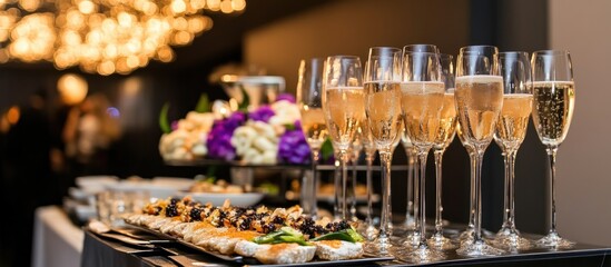 A sophisticated anniversary celebration setting with champagne flutes and upscale hors d'oeuvres