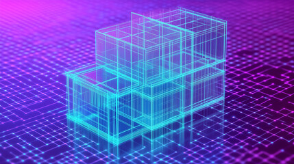 Fototapeta premium A holographic architectural model features minimalist cyan wireframes, with transparent panels floating around the structure, adding depth and dimension