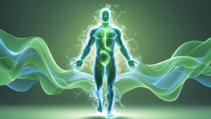 A human form pulses with radiant health, enveloped in ethereal energy waves of soft green and blue, symbolizing toxin release, inner harmony, and the revitalizing essence of nature’s healing force.