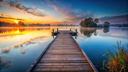 Obraz premium Wooden pier over calm lake at sunrise, nature photography