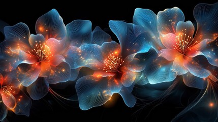 Ethereal Neon Floral Swirls with Glowing Petals   and Conceptual Digital Artwork
