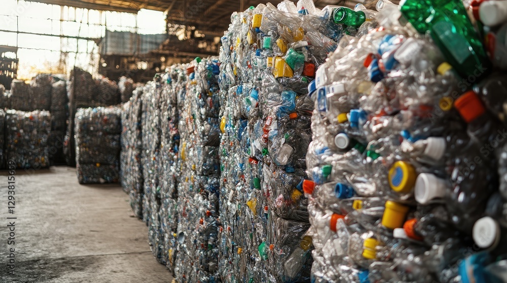 Poster piles of crushed plastic bottles in a recycling facility, ready to be sorted and processed for envir