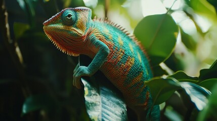 Fototapeta premium Vibrant Chameleon Perched on Green Leaf in Tropical Habitat