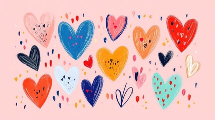 Playful heart illustrations in bright colors on a soft pink backdrop, perfect for Valentine Day, romantic projects, or cheerful graphic design work