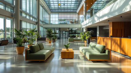 A luxurious atrium with a high glass ceiling, allowing sunlight to flood the interior and highlight the minimalist, polished concrete flooring