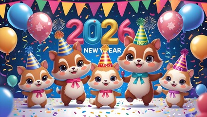 Glittering 2026 with sparkling fireworks celebration. Happy New Year 2026