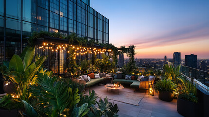 A luxurious rooftop oasis filled with exotic plants, twinkling fairy lights, and a cozy seating area overlooking a sprawling urban skyline