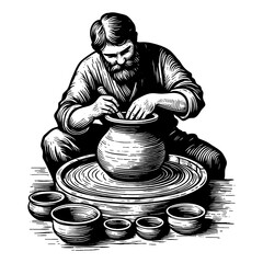 potter skillfully shaping a clay pot on a pottery wheel, surrounded by finished ceramic pieces engraving generative ai sketch PNG illustration