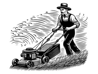 man in traditional clothing mowing grass with a push lawn mower, depicting classic outdoor work engraving generative ai sketch PNG illustration